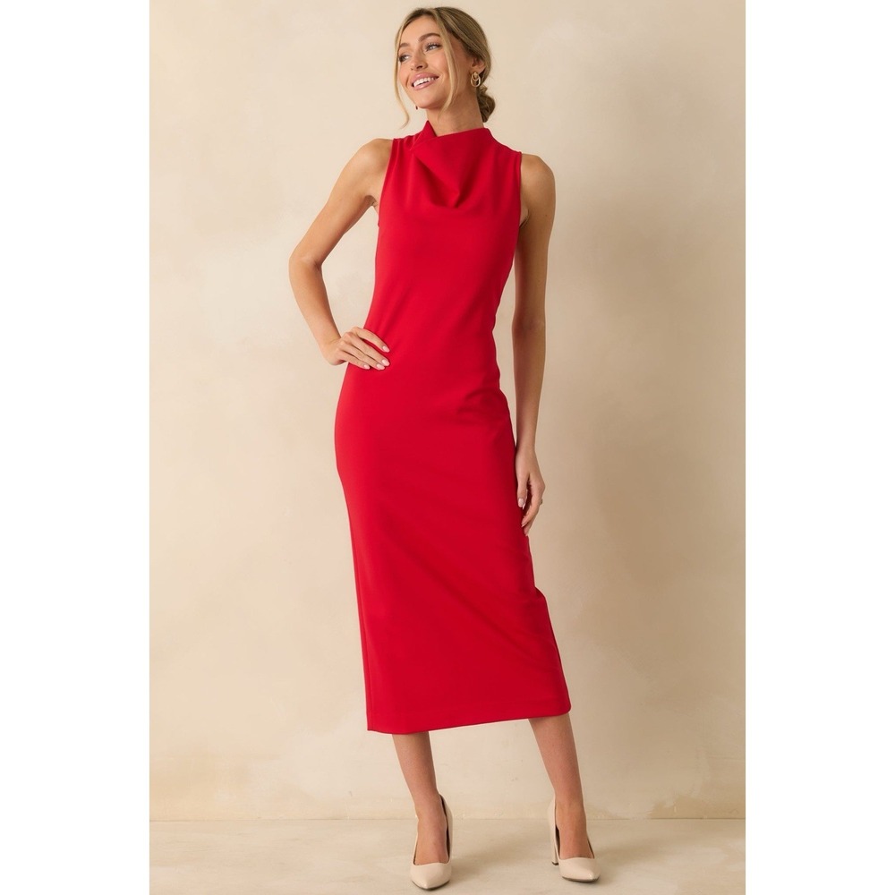 SPANX Ponte Knit Sleeveless Midi Dress Size 1X Red Cowl Mock Neck Stretch NWT